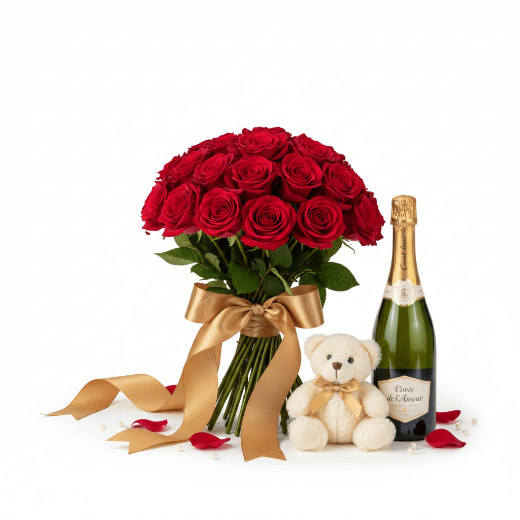 Flowers, Champagne & Teddy Bear Bundle - Blossomly