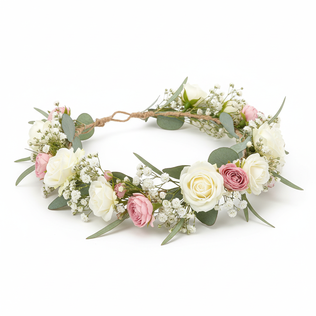 Wedding Flower Crown with white roses and baby's breath