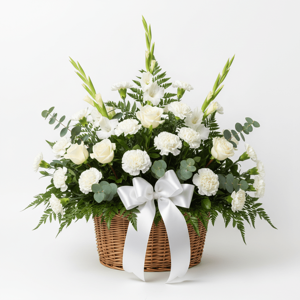 Funeral Flower Basket - White & Green - Blossomly