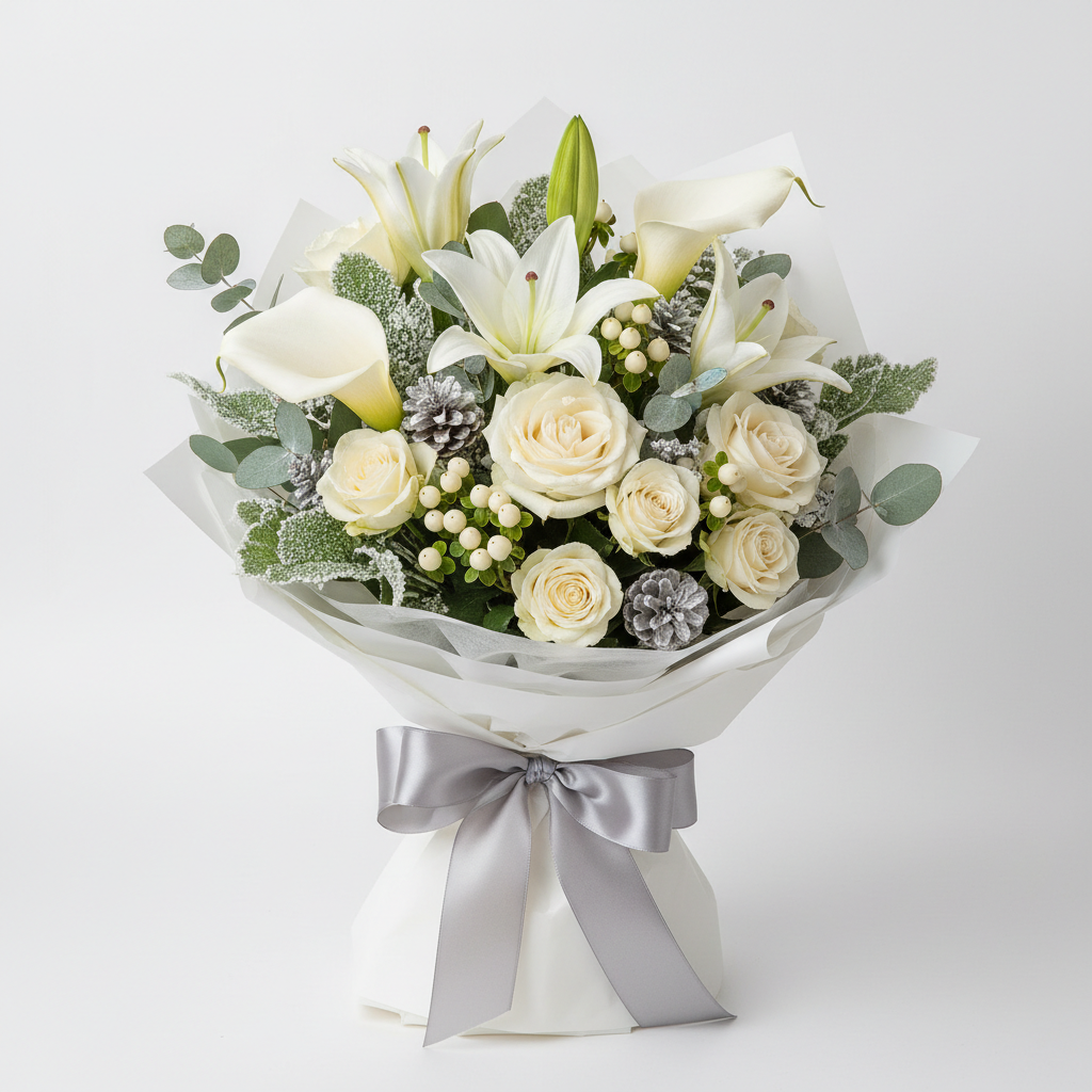 Winter White Christmas Bouquet with lilies, eucalyptus and silver pine cones