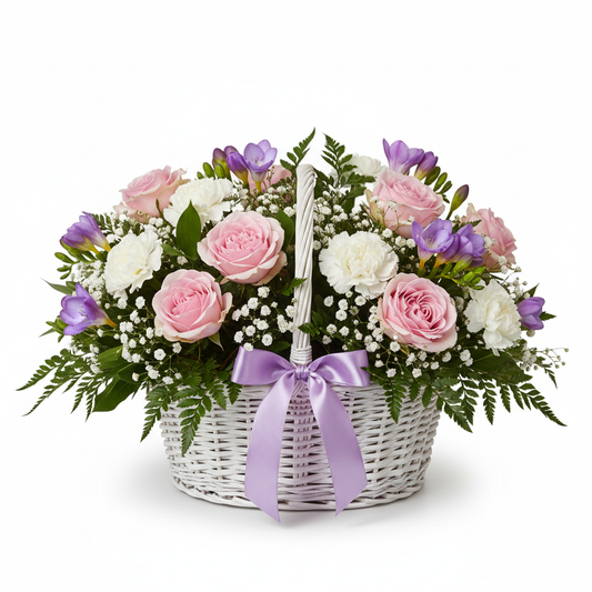 Spring Garden Basket with pink roses, freesias, carnations and baby's breath