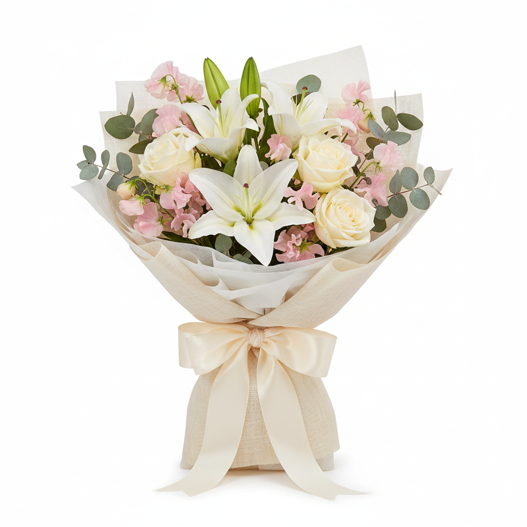 Mother's Day Elegant White Bouquet with white lilies and cream roses