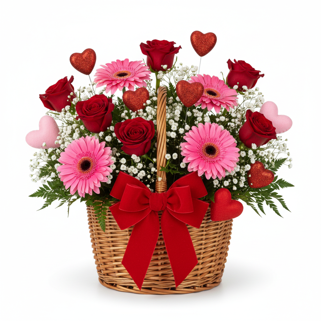 Valentine's Sweetheart Basket with red roses, pink gerberas and gypsophila