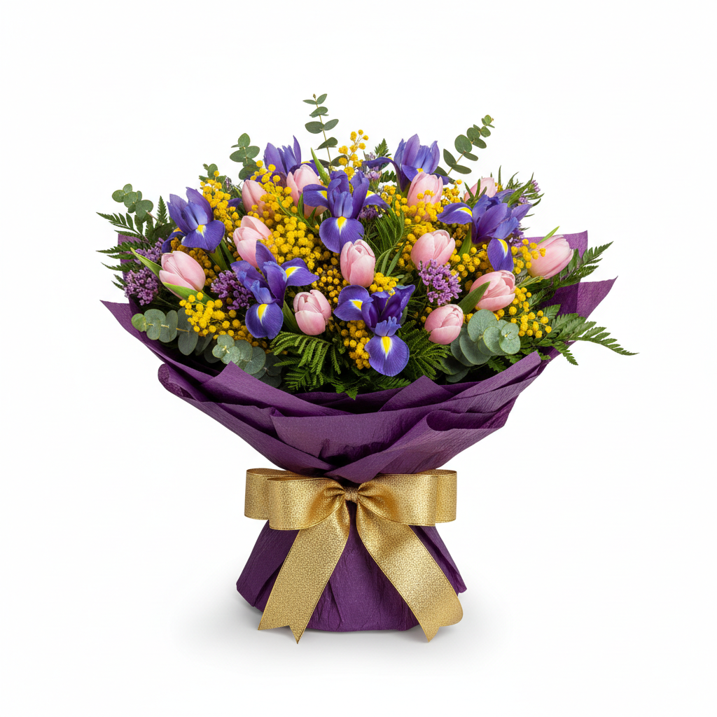 Mother's Day Purple and Gold Bouquet with irises and tulips