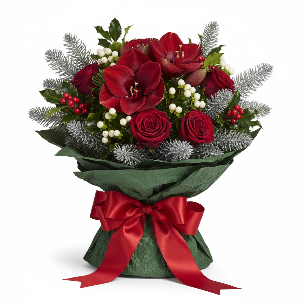 Winter Jewel Bouquet with red amaryllis and dark green holly