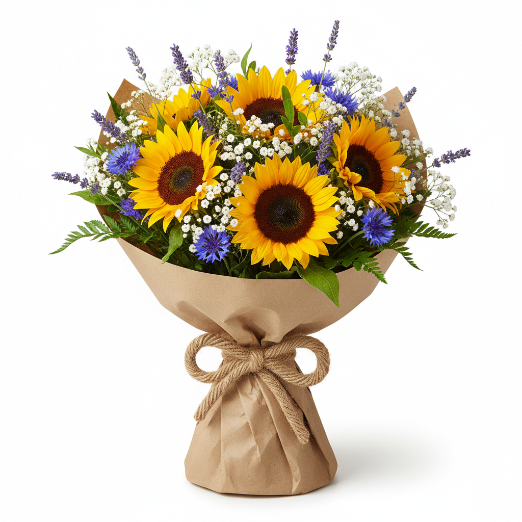 Wildflower Bouquet with sunflowers, lavender, baby's breath and cornflowers