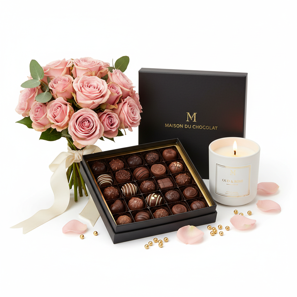 Flowers, Chocolates and Candle Bundle with pink roses