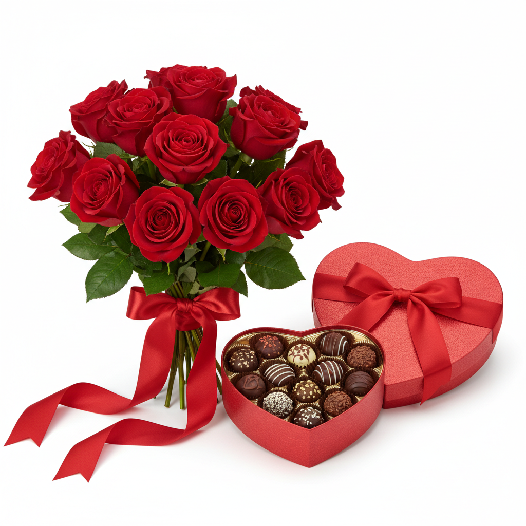 Dark Chocolate Truffle and Flower Bundle with red roses
