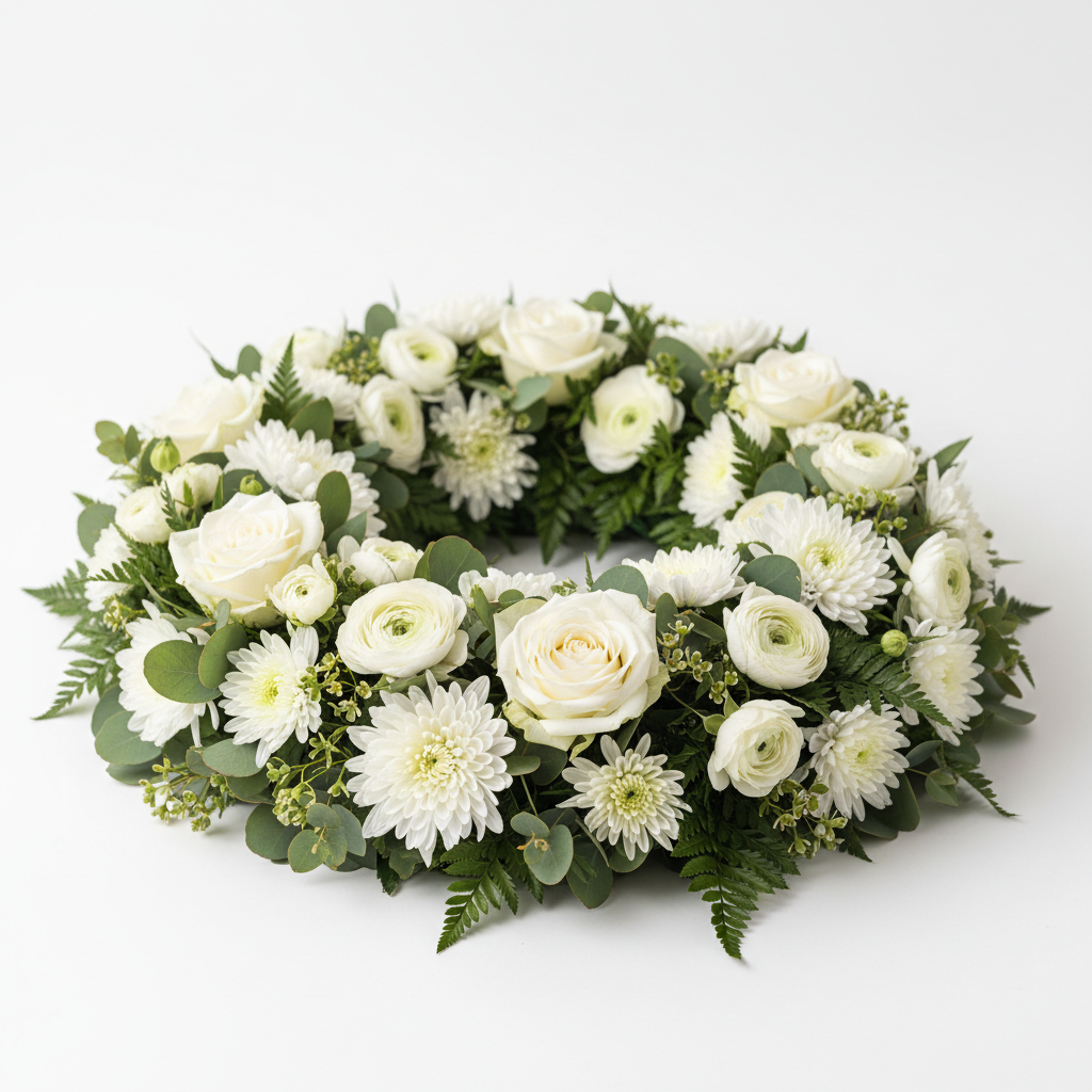 Classic White Funeral Wreath with chrysanthemums and roses