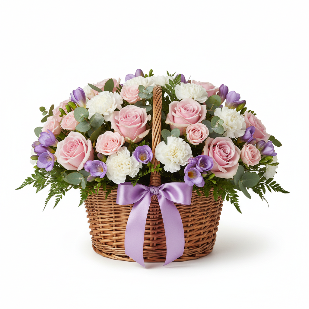 Mother's Day Pastel Flower Basket with pink roses and purple freesias
