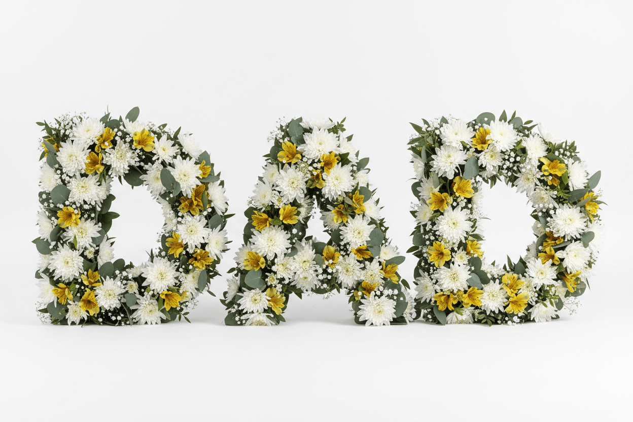 DAD Funeral Tribute — White Chrysanthemums, Alstroemeria & Navy Ribbon - Blossomly