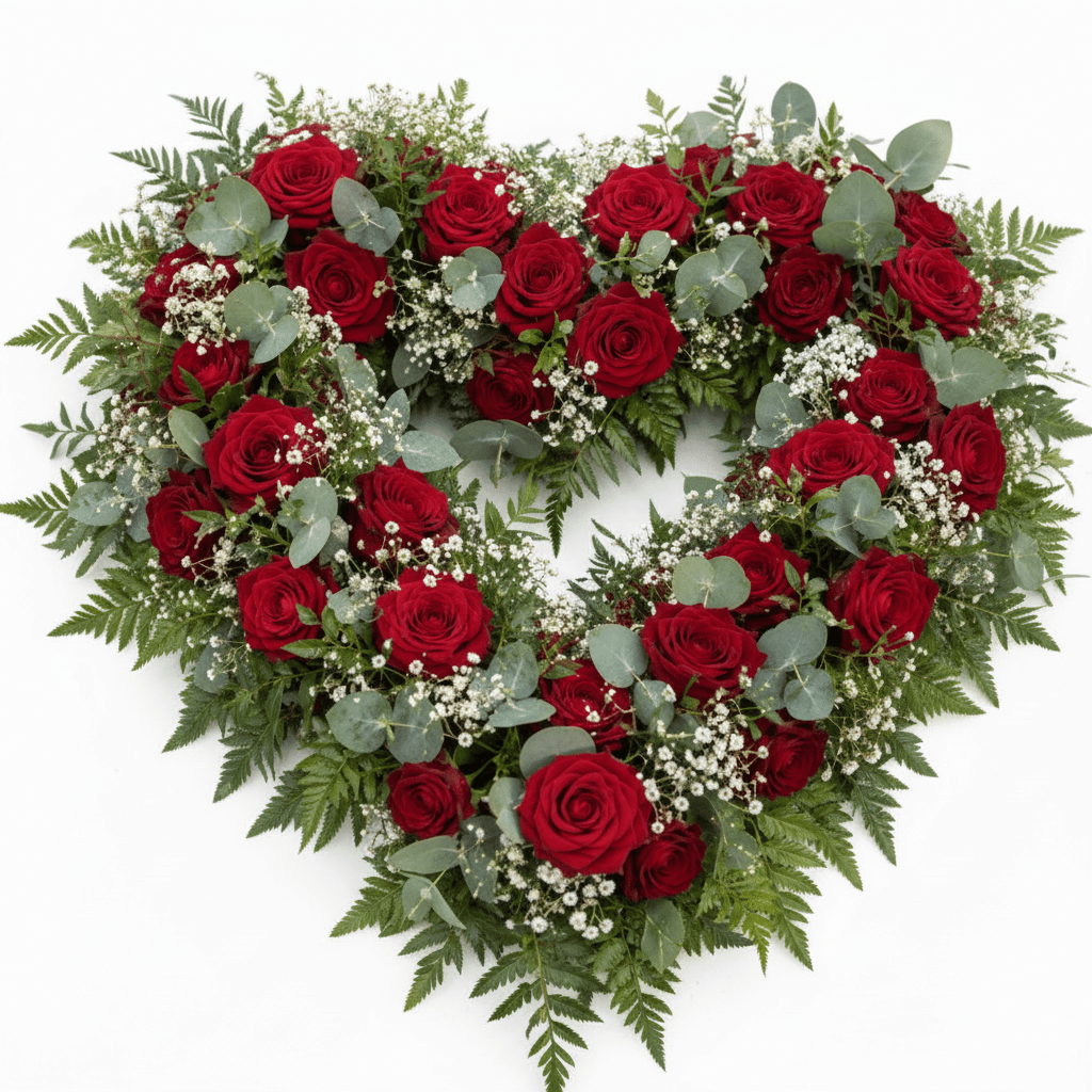 Red Rose & Gypsophilia Funeral Heart Wreath - Blossomly