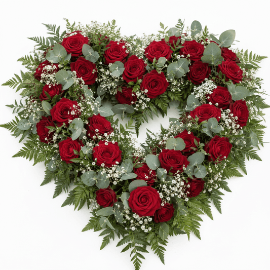 Red Rose & Gypsophilia Funeral Heart Wreath - Blossomly