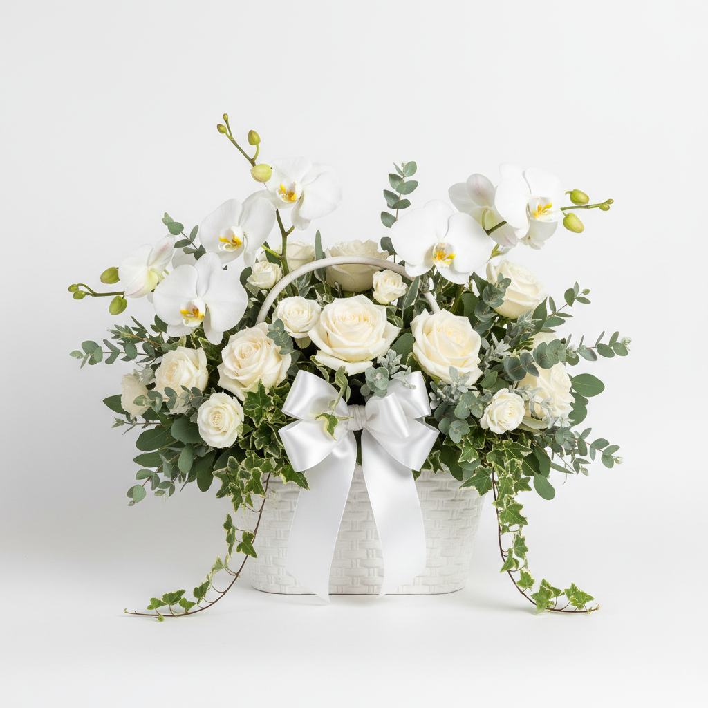 Elegant luxury flower basket with white orchids and cream roses in a white ceramic basket