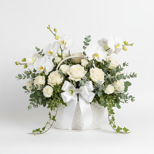Elegant luxury flower basket with white orchids and cream roses in a white ceramic basket