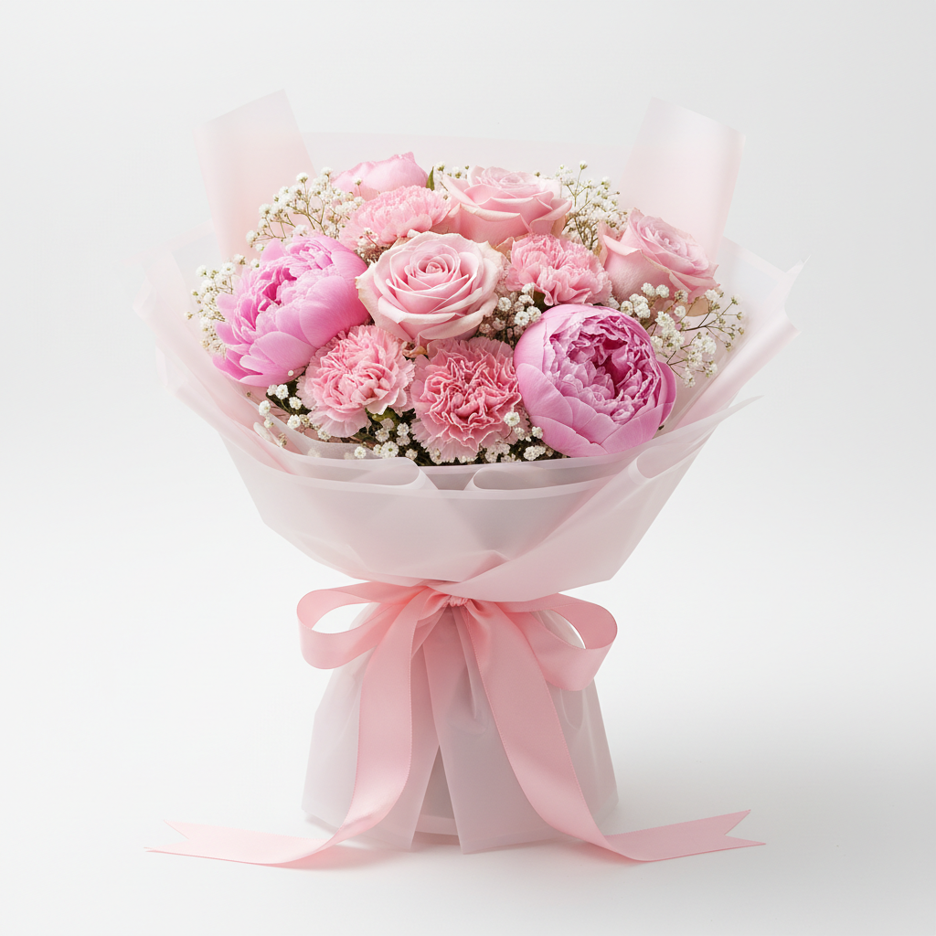 Pinky bouquet with soft pink roses, peonies and carnations
