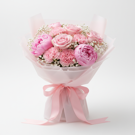 Pinky bouquet with soft pink roses, peonies and carnations