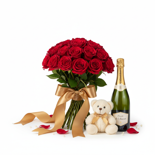 Flowers, Champagne and Teddy Bear Bundle with red roses