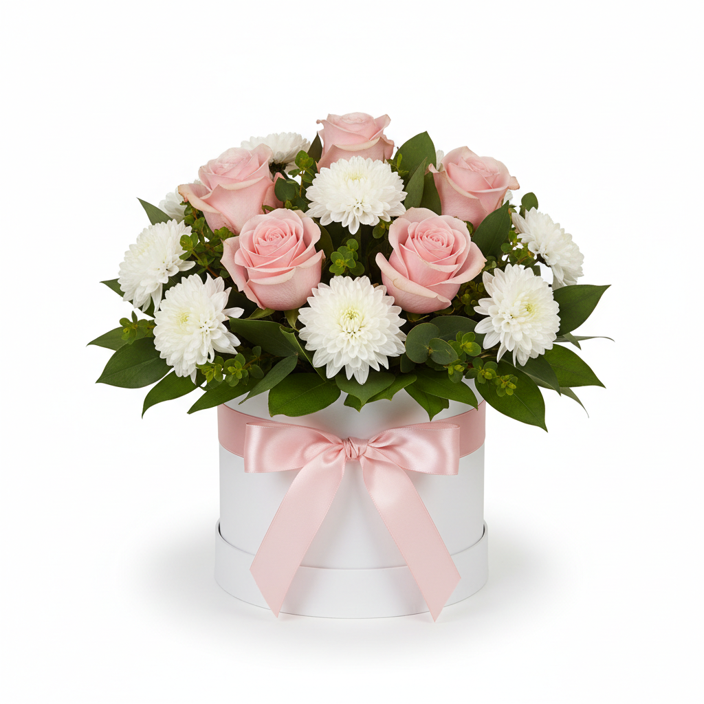 Birthday Rose and Chrysanthemum Hatbox with pink roses and white chrysanthemums