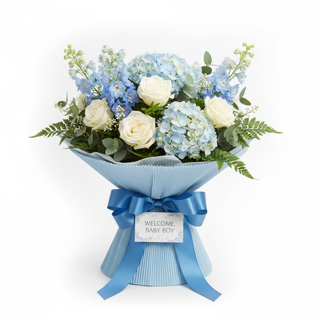 Baby Boy Blue Bouquet with delphiniums and white roses