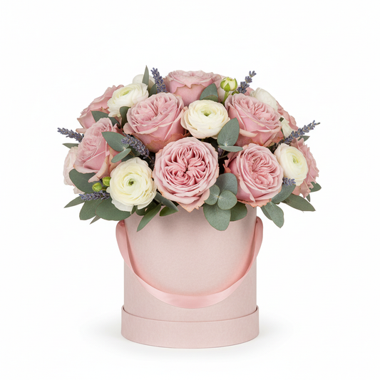 Mother's Day Luxury Hatbox with blush roses and ranunculus