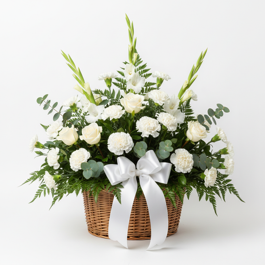 Funeral Flower Basket with white gladioli, carnations and cream roses