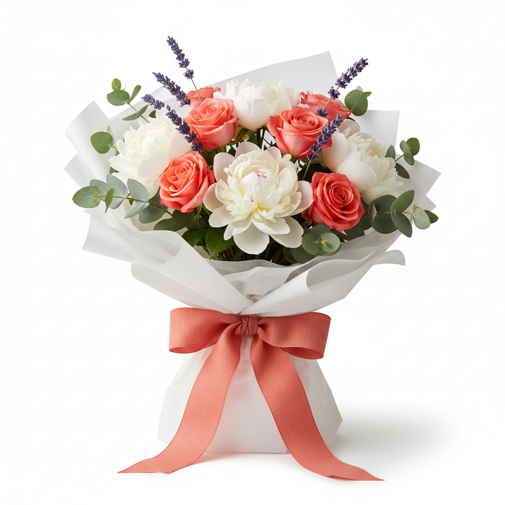 Summer Garden Bouquet with white peonies and lavender