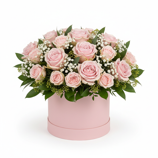 Soft Embrace - pink roses and baby's breath in a round pink box