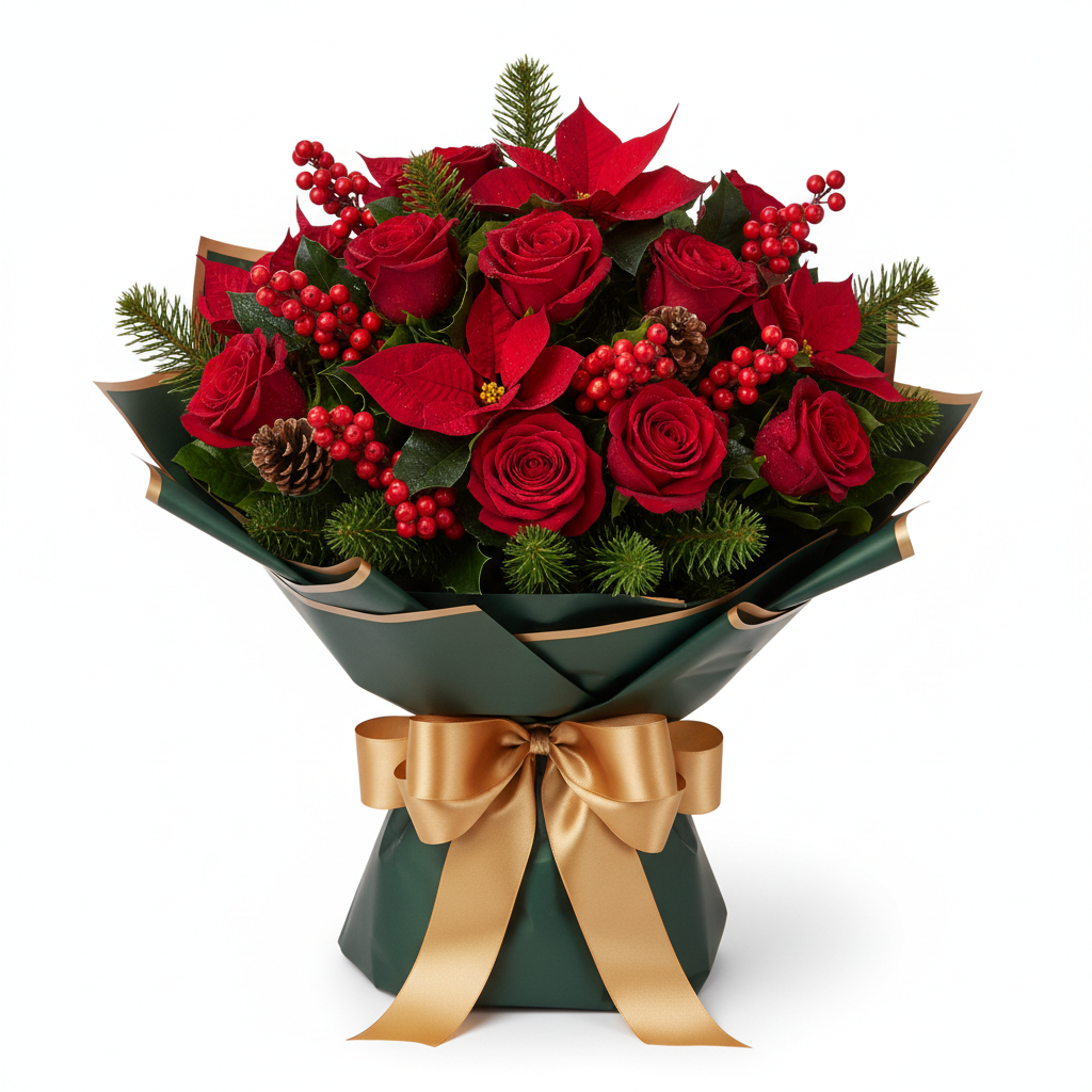 Christmas Festive Bouquet with red roses, holly and pine
