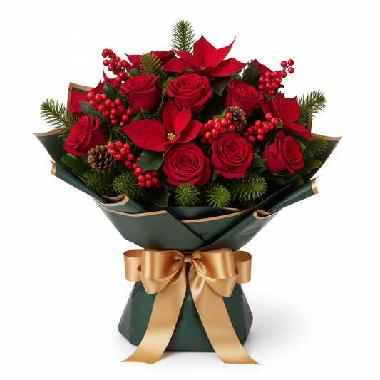Christmas Festive Bouquet with red roses, holly and pine