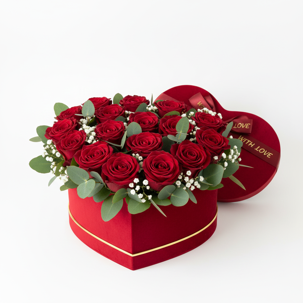 Rose Heart Box with red roses and baby's breath in a heart-shaped box