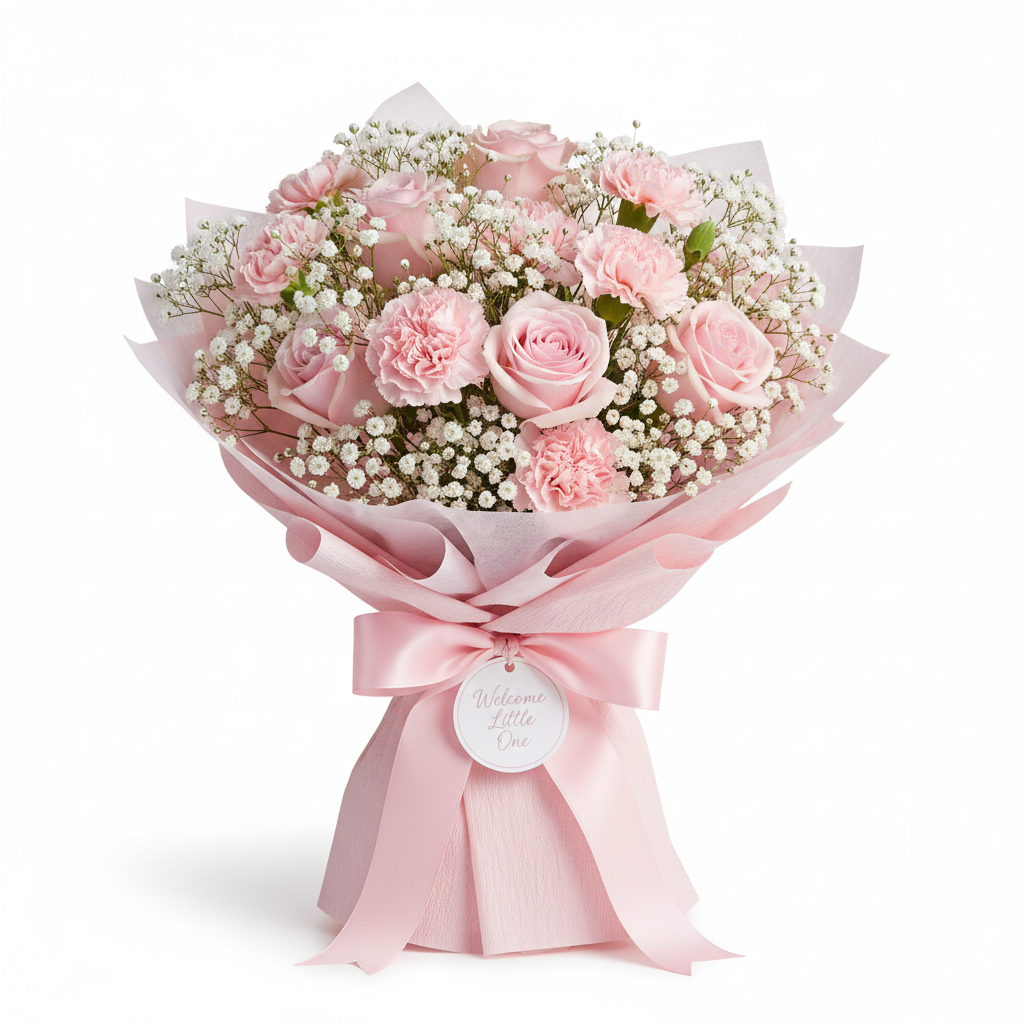 Baby Girl Pink Bouquet with pale pink roses and gypsophila