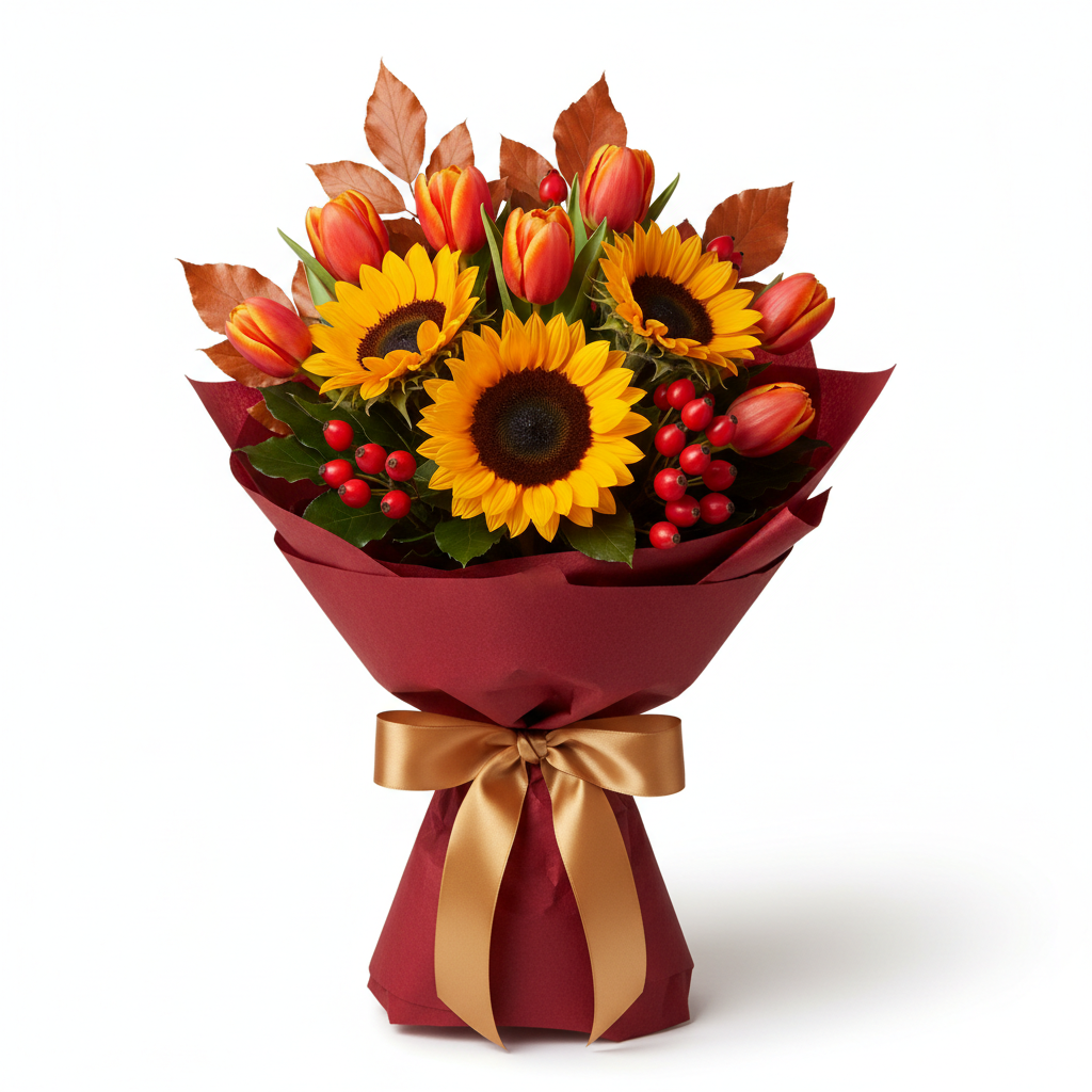 Autumn Glow Bouquet with red tulips and copper beech leaves