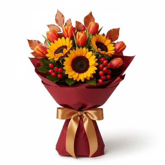 Autumn Glow Bouquet with red tulips and copper beech leaves