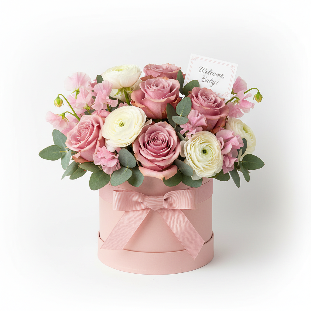 New Baby Hatbox Arrangement with blush roses and ranunculus