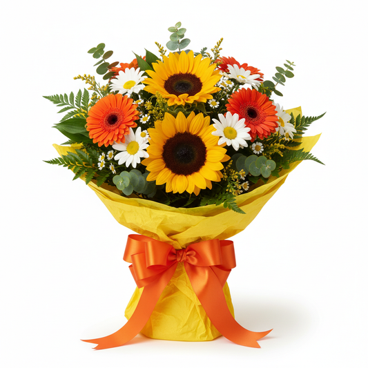 Mother's Day Sunshine Bouquet with sunflowers and orange gerberas