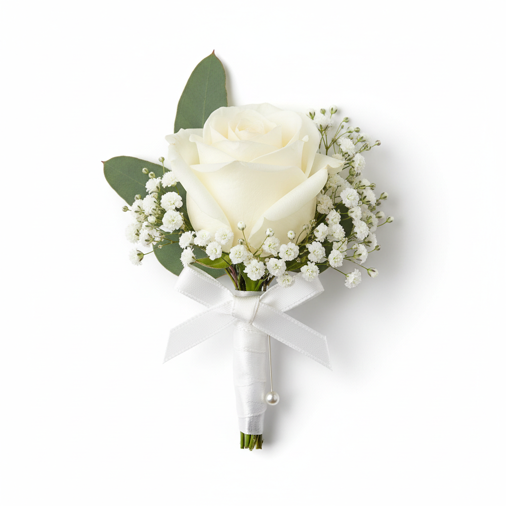 Wedding Buttonhole with white rose and eucalyptus