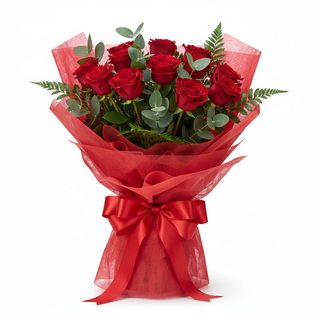 Classic Red Rose Bouquet with 12 long-stemmed red roses