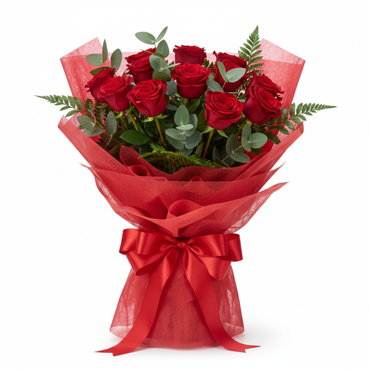 Classic Red Rose Bouquet with 12 long-stemmed red roses