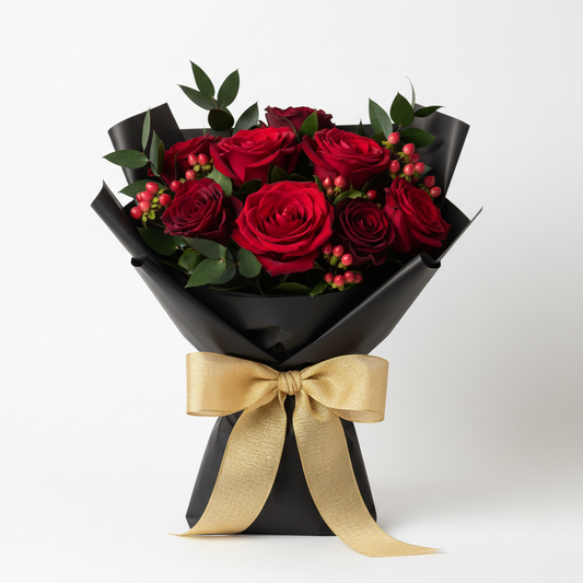 Dark Romance Valentine's Bouquet with burgundy roses and dark foliage