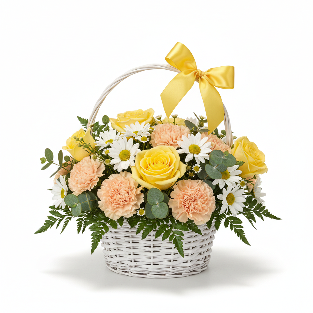 New Baby Pastel Basket with yellow roses, daisies and carnations