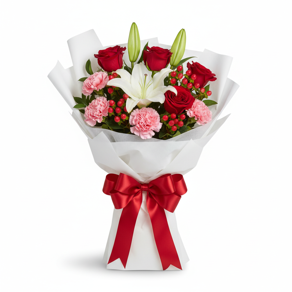 Valentine's Mixed Romance Bouquet with red roses, white lilies and carnations