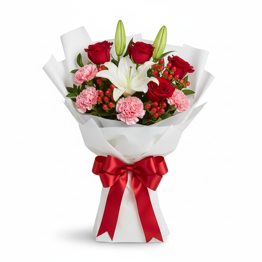 Valentine's Mixed Romance Bouquet with red roses, white lilies and carnations