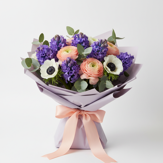 Spring Blossom Bouquet with purple hyacinths and peach ranunculus