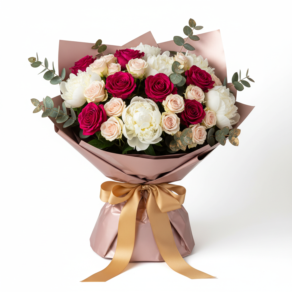 21st Birthday Bouquet with deep pink roses, white peonies and champagne roses