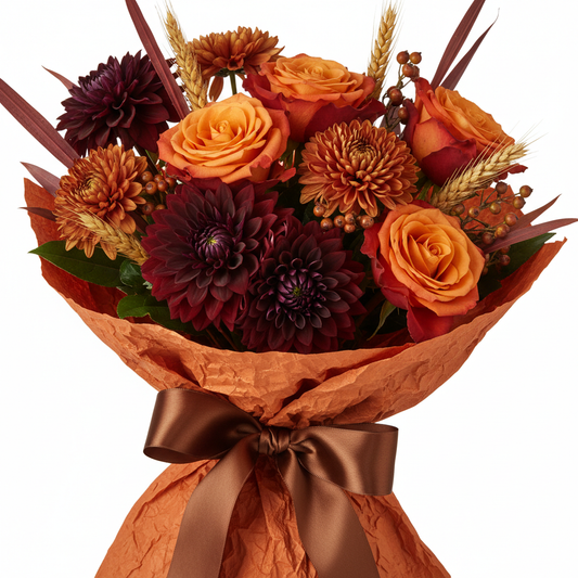 Autumn Harvest Bouquet with orange roses and burgundy dahlias