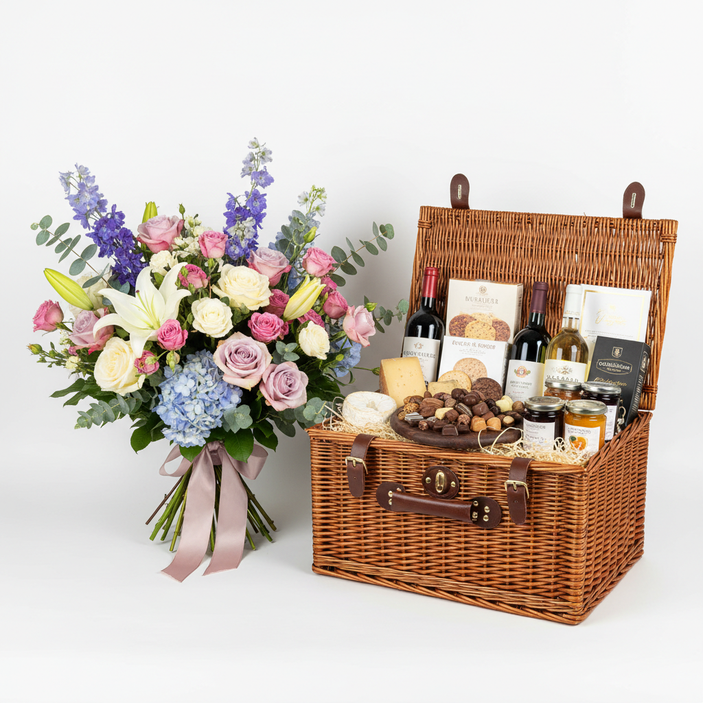 Flowers and Gourmet Hamper Bundle with wine and cheese