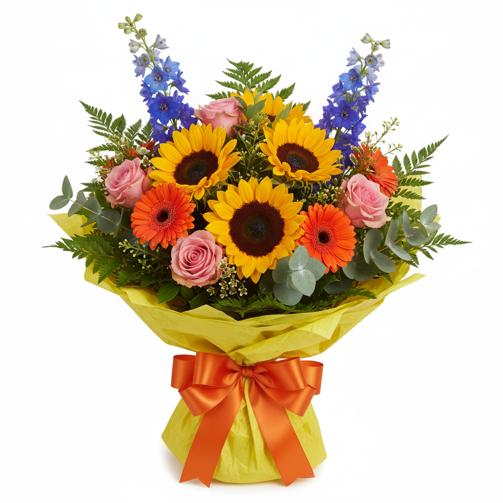 Summer Sunshine Bouquet with sunflowers and orange gerberas