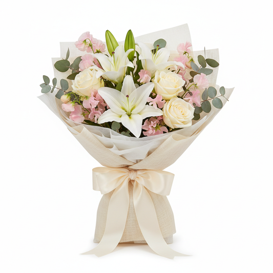 Mother's Day Elegant White Bouquet with white lilies and cream roses