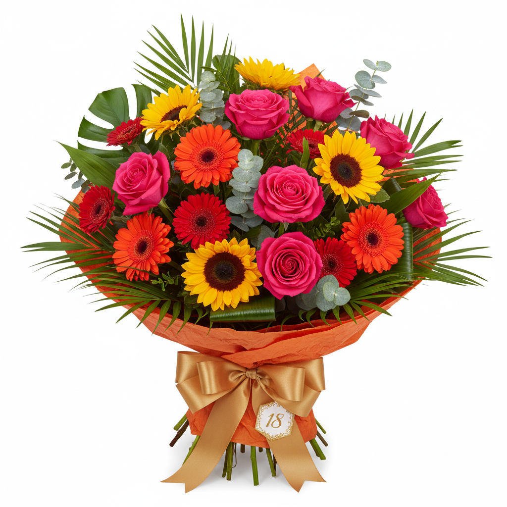 18th Birthday Bouquet with hot pink roses, sunflowers and orange gerberas